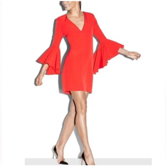 Milly Nicole Cady V-Nek Bell Sleeve Red Mini Dres Size 4 - Picture 2 of 10